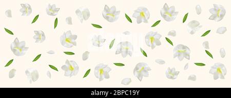3d realistische Lilly des Tals mit grünem Blatt. Weiße Maiglöckchen in Bewegung. Duftende Blumen. Vektorgrafik. Stock Vektor