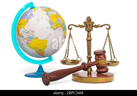 Global Justice and International Law Concept, 3D-Rendering isoliert auf weißem Hintergrund Stockfoto