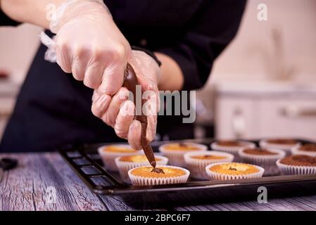 Weibliche Hände füllen Cupcakes auf einem Backblech. Stockfoto