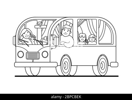 Eine Familienreise im Kleinbus; Vater fährt, Mutter, Kinder; Camping. Glücklich Cartoon Menschen Kinder in einem Retro-Minivan. Roadtrip, Sommerurlaub. Konti Stock Vektor