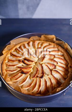 Hausgemachtes Zimtgebäck, süßes frisch gebackenes Apfelkuchen, traditioneller französischer Apfelkuchen aus dem Ofen, Backform Stockfoto