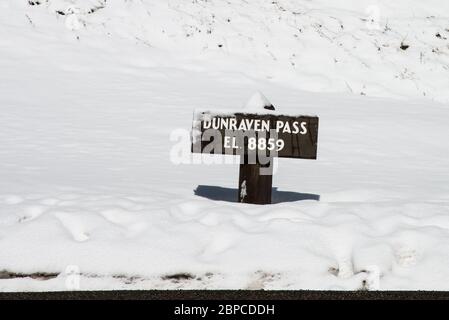 Höhenschild auf dem Dunraven Pass, Yellowstone National Park, USA Stockfoto