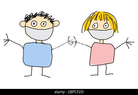 Ein Paar Mann und Frau mit medizinischen Gesichtsmasken halten die Hände. Illustration wie eine Kinderzeichnung gemacht. Isoliert auf weißem Hintergrund. Stockfoto