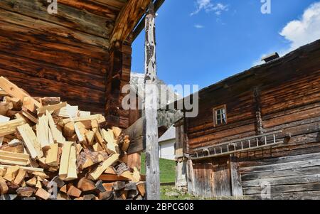 Holz, Scheit, Holzscheit, Brennholz, aufgestapelt, gespalten, Spaltholz, aufgespalten, Bio, nachhaltig, brennen, Feuer, Wärme, heizen, Vorsorge, Lager Stockfoto