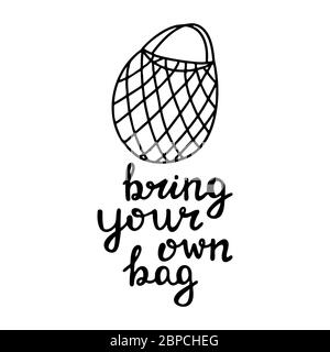 Niedliche Hand gezeichnet Doodle String Baumwolle Öko-Tasche. Bringen Sie Ihr eigenes Taschenangebot mit. Isoliert auf weißem Hintergrund. Vektorgrafik. Stock Vektor