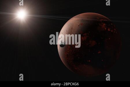 Farbenfrohe Abbildung stellt Mars und seinen Mond des Sonnensystems nah oben dar. 3d-Darstellung. Elemente dieses Bildes, die von der NASA bereitgestellt wurden. Stockfoto
