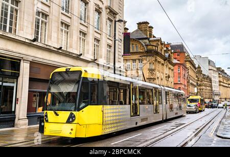 City Tram im Zentrum von Manchester, England Stockfoto