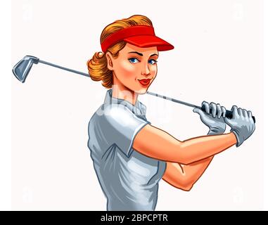 Hübsche Frau, Golfspielerin. Digitale Illustration Stockfoto