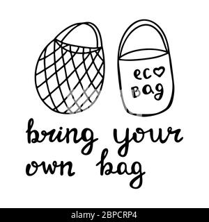 Niedliche handgezeichnete Doodle String und Baumwolle Öko-Tasche. Bringen Sie Ihr eigenes Taschenangebot mit. Isoliert auf weißem Hintergrund. Vektorgrafik. Stock Vektor