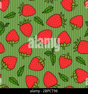 Erdbeeren handgezeichnet auf grün gestreiftes Nahtmuster. Vektor endloses Design mit reifen roten Cartoon-Stil Beeren. Frischer Sommer lecker abstrakt Stock Vektor