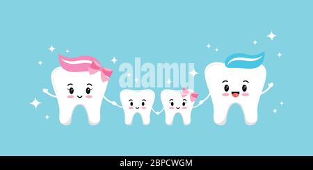Glückliche Zähne Familie isoliert auf blauem Hintergrund. Lächelndes Emoji Gesichter Zähne Familie - Mama, Papa, Sohn, Tochter. Dental Familie Logo Vektor flaches Design Warenkorb Stock Vektor
