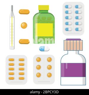 Set von Medizin-Flaschen mit Etiketten und Pillen. Medikamente, Tabletten, Kapseln Vitamine.Spritze, Thermometer, Vektor-Illustration in flachem Stil. Stock Vektor