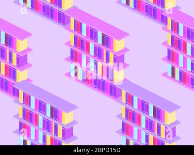 Bücherregal isometrisches Nahtloses Muster. Bücher im Bücherregal, Katalog, Bibliothek. Vektorgrafik Stock Vektor