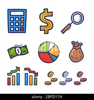 Handgezeichnete Symbole für Finanzanlagen. Symbol für Geld und Münzen. Finanz- und Geschäftskonzept. Investitionen in Unternehmen. Stock Vektor