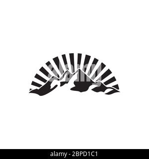 Panorama-Ansicht Logo. Berg mit Strahlen Design-Konzept. vektor-Illustration. Isoliert auf weißem Hintergrund. Stock Vektor