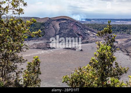 Der Kraterboden des Kilauea Iki Kraters und Pu'U PUA'i mit dem dampfenden Kilauea Krater in der Ferne, 2017 vom Kraterrand aus gesehen, Hawai'i Vol Stockfoto