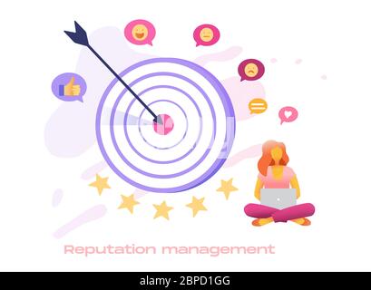 Reputationsmanagement Symbol für Suchmaschinen-Optimierung Service gesetzt. Geschäftsfrau Leader mit riesigen Ziel, Teamwork, Vektor flach 3d-Stil Design Illustration. Erreichen Sie das Ziel, den Erfolg des Geschäftsteams. Stock Vektor