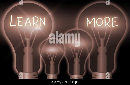 Schreiben Hinweis zeigen, erfahren Sie mehr. Business Konzept für Kenntnissen oder Fähigkeiten durch Anweisung erhebliche Lernen erworben Stockfoto