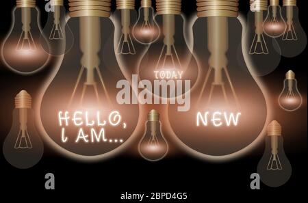 Schreiben Hinweis angezeigt Hallo ich bin neu. Business Konzept für Grußansagen oder Telefon Gespräch beginnen Stockfoto