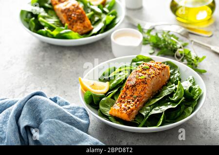 Zedernholz-Planke gebratener Lachs mit Spinat Stockfoto