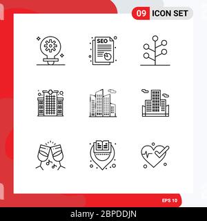 Piktogramm Set von 9 einfachen Konturen von Wolkenkratzer, Gebäude, Garten, Pflege, Klinik editierbar Vektor Design-Elemente Stock Vektor