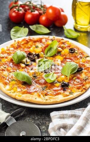 Leckere Salami-Pizza. Pizza mit Basilikumblättern auf dem Teller. Stockfoto