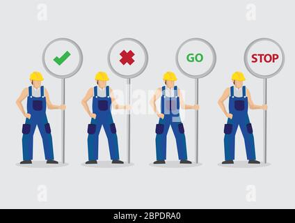 Satz von vier Vektor-Illustrationen von Cartoon Bauarbeiter Charakter halten Verkehrszeichen Beiträge mit verschiedenen Symbolen und Nachrichten isoliert auf p Stock Vektor