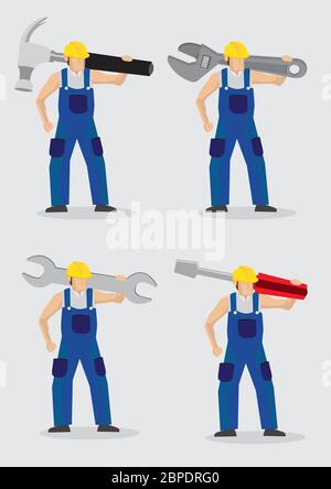 Satz von vier Vektor-Illustration von Cartoon Bauarbeiter Charakter tragen übergroße Arbeitswerkzeuge über Schulter isoliert auf einfachem Hintergrund. Stock Vektor
