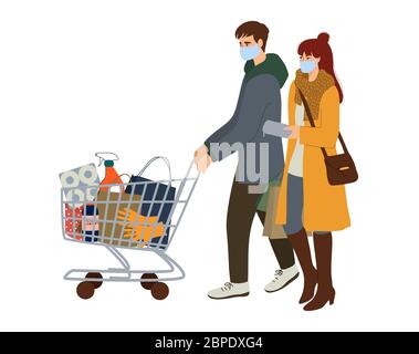 Vektor-Illustration mit Paar mit einem Korb von Essentials-Shopping in einem Hypermarkt. Konzept des Besuches öffentlicher Plätze während der Quarantäne. Stock Vektor