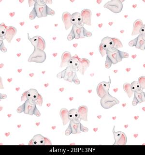 Nahtloses Muster mit Baby Mädchen Elefant und rosa Herzen. Kindliche dekorative Kunst. Aquarell handbemalte Illustration Digitalpapier auf weißem Hintergrund Stockfoto