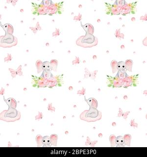 Baby Mädchen rosa Elefant, Schmetterlinge, Wolken und zartes Bouquet. Handgezeichnete Aquarelldarstellung. Digitales Papiermuster mit nahtlosem Muster. Stockfoto