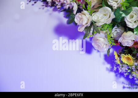 Rosen Girlande Künstliche Seide Blumen . Nahtlose Bordüre mit weißen Rosen. Isoliert auf weißem Hintergrund. Freier Platz zum Schreiben . Girlande von großen Stockfoto