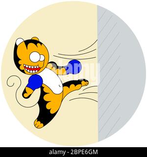 Vector Cartoon niedliche Junge Tiger von Martial Arts schlägt eine Wand, der tritt in den Kampf Stockfoto