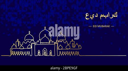 Eid Mubarak Vektor dunkle Nacht Gruß mit Scheich Zayed große Moschee. Übersetzung Eid Mubarak.eine kontinuierliche Linie Zeichnung Karte, Gruß, Hintergrund Stock Vektor