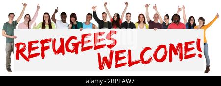 Flüchtlinge Flüchtlinge Willkommen Welcome Willkommenskultur Lehrwerk Freisteller Stockfoto