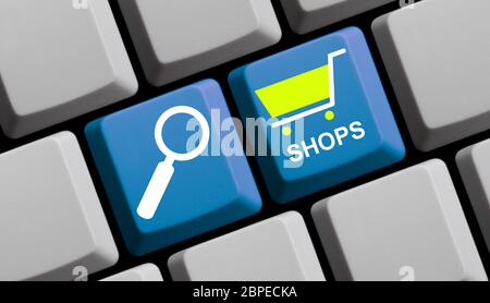 Online Shops suchen und finden - Symbole in Computer Tastatur Stockfoto