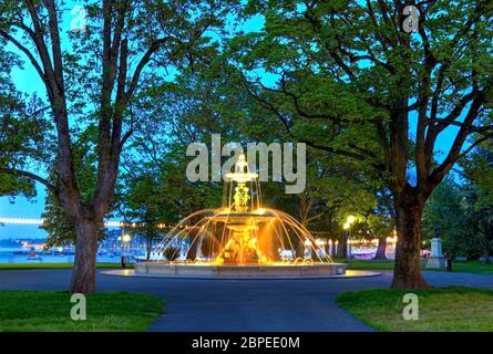 Brunnen im englischen Garten bei Nacht in Genf, Schweiz, HDR Stockfoto