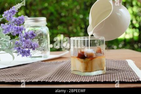 Entspannen Sie sich mit Eiskaffe Latte im Garten (Milch in ein Glas mit Espresso Eiswürfel gefüllt) Stockfoto