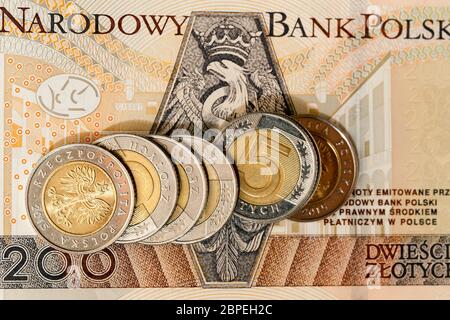 Fotografiert close-up Polnische Münzen. Zloty zusammen gestapelt, geringe Tiefenschärfe Stockfoto