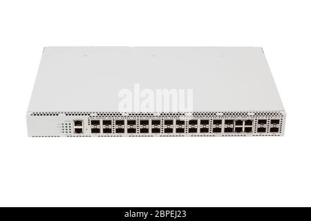 Faser-Optik-Gigabit Ethernet-switch mit SFP-Modul Slot und UTP-Kategorie 5 Steckverbinder RJ-45 isoliert auf weißem Hintergrund Stockfoto