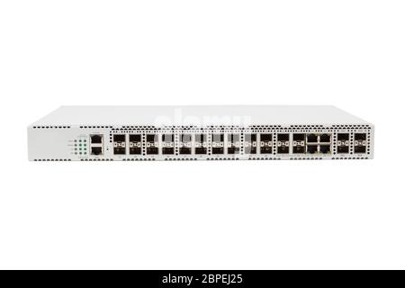 Faser-Optik-Gigabit Ethernet-switch mit SFP-Modul Slot und UTP-Kategorie 5 Steckverbinder RJ-45 isoliert auf weißem Hintergrund Stockfoto