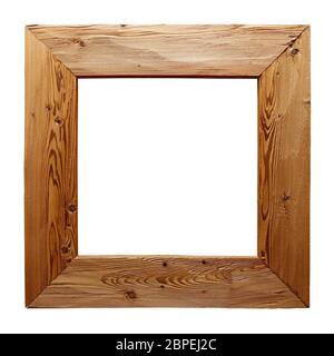 Rustikale unlackiert quadratische Bild, Fenster oder Spiegel Holzrahmen aus gebürstetem Naturholz isoliert auf weißem Hintergrund, Nahaufnahme Stockfoto