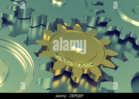 Zahnräder mit dem Wort Wartung, 3D-Rendering Stockfoto