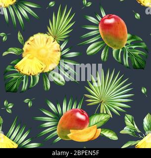 Aquarell tropisch nahtlose Muster. Exotische Früchte und Palmenblätter auf dunkelblauem Hintergrund. Mango und Ananas Früchte. Handgezeichnete botanische Illustration Stockfoto