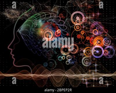 Digital Mind Serie. Hintergrund-Design der Silhouette des menschlichen Gesichts und Technologie-Symbole auf dem Gebiet der Informatik, künstliche Intelligenz Stockfoto