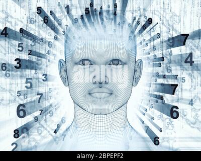 3D Rendering - Mind Field Serie. Künstlerischer Hintergrund aus Kopf von Drahtgeflecht menschlichen Modell und fraktale Muster für den Einsatz mit Projekten auf künstliche in gemacht Stockfoto