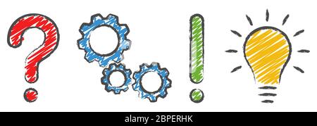 Fragezeichen, Zahnräder, Ausrufezeichen und Glühlampe Konzept Icons symbolisieren, Befragung, Analyse, Planung und Vorstellung Stockfoto
