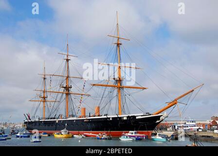 HMS Warrior hat in Portsmouth, Hampshire, England, festgemacht Stockfoto