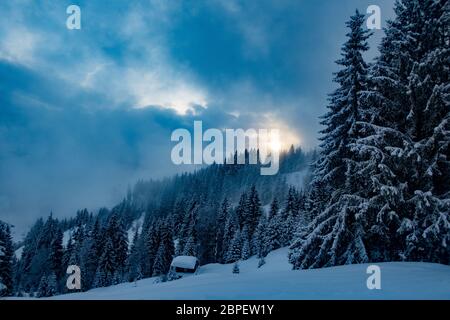 Winterlandschaft mit Sonne Stockfoto