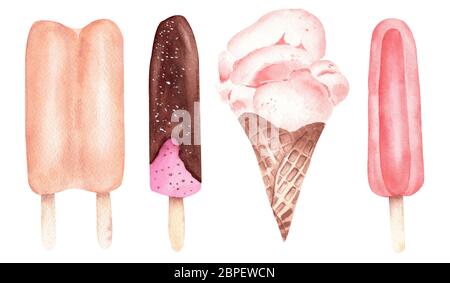 Aquarell Sommer Stiel und Kegel Eis Clipart isoliert auf weißem Hintergrund. Handgezeichnete Illustration. Stockfoto